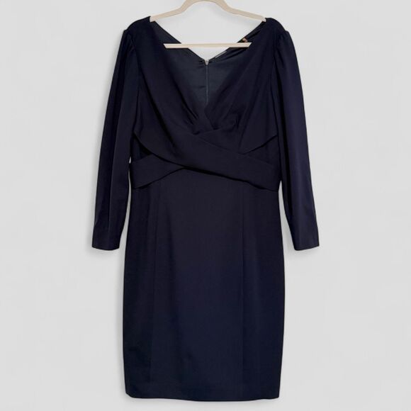 Elie Tahari Zoe Sheath Long Sleeve V-neck Form Fitting Dress Dark Blue Size 12 - Picture 1 of 9